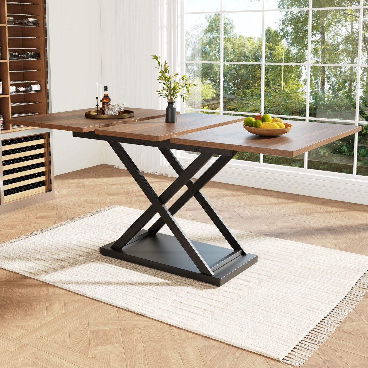 MEUNIQ uitschuifbare eettafel 120-160 x 80 x 75 cm rechthoekige tafel met walnootkleurig blad en zwarte metalen X-poten voor keuken en woonkamer