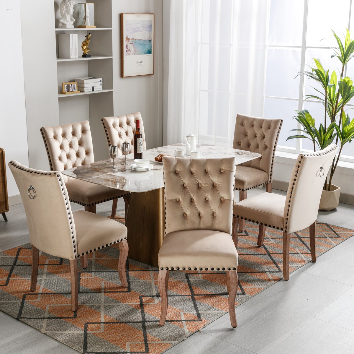 MEUNIQ eetkamerstoel set van 6, velvet bekleding, gecapitonneerde rug en zitting, nagelkop