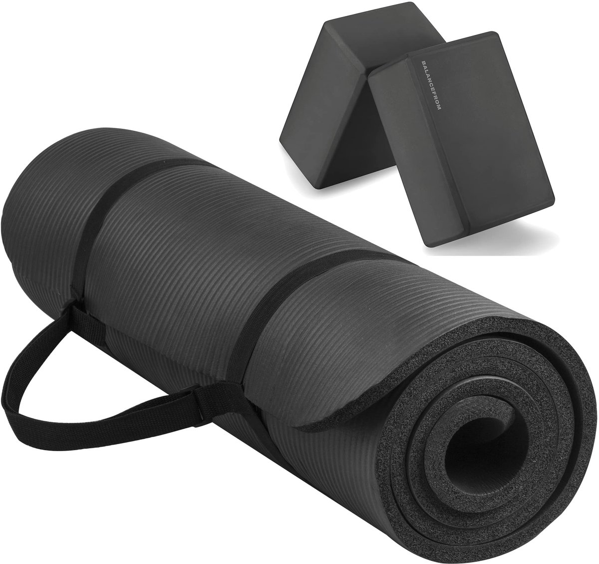 SnelShoppen - Multifunctionele Yogamat 1/2 Inch Extra Dikke Anti-Scheur Hoge Dichtheid met Draagriem en Yogablokken - Zwart voor Thuis, Yoga, Fitness