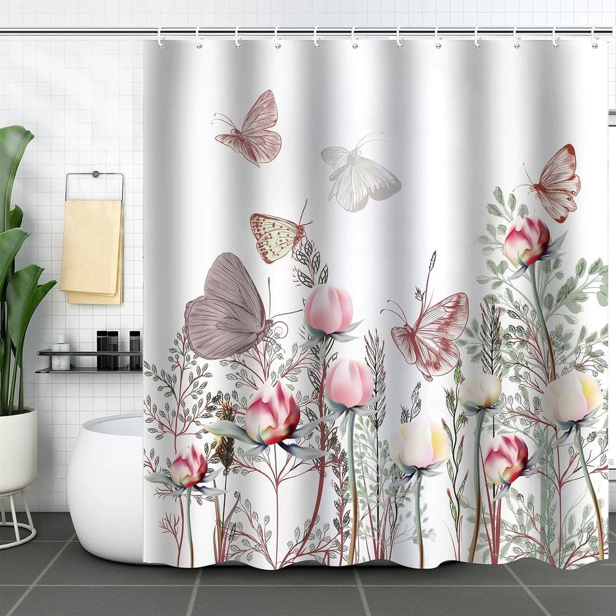 Waterdichte Douchgordijn 180 x 180 cm met Bloemenprint, Schimmelbestendig en Inclusief Oogjes en Ringen, Ideaal voor Badkamerdecoratie