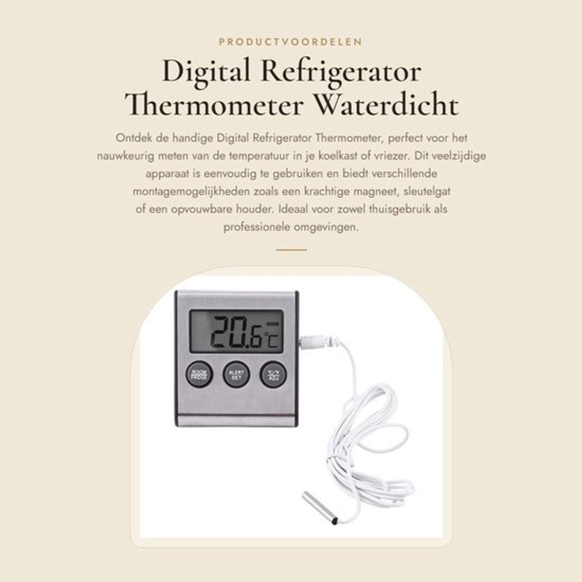 Digital Refrigerator Thermometer - Waterdicht - Magnetisch en Houder - Zilver - Freezer Thermometer - Max Min Functie - Geschikt voor Bin...
