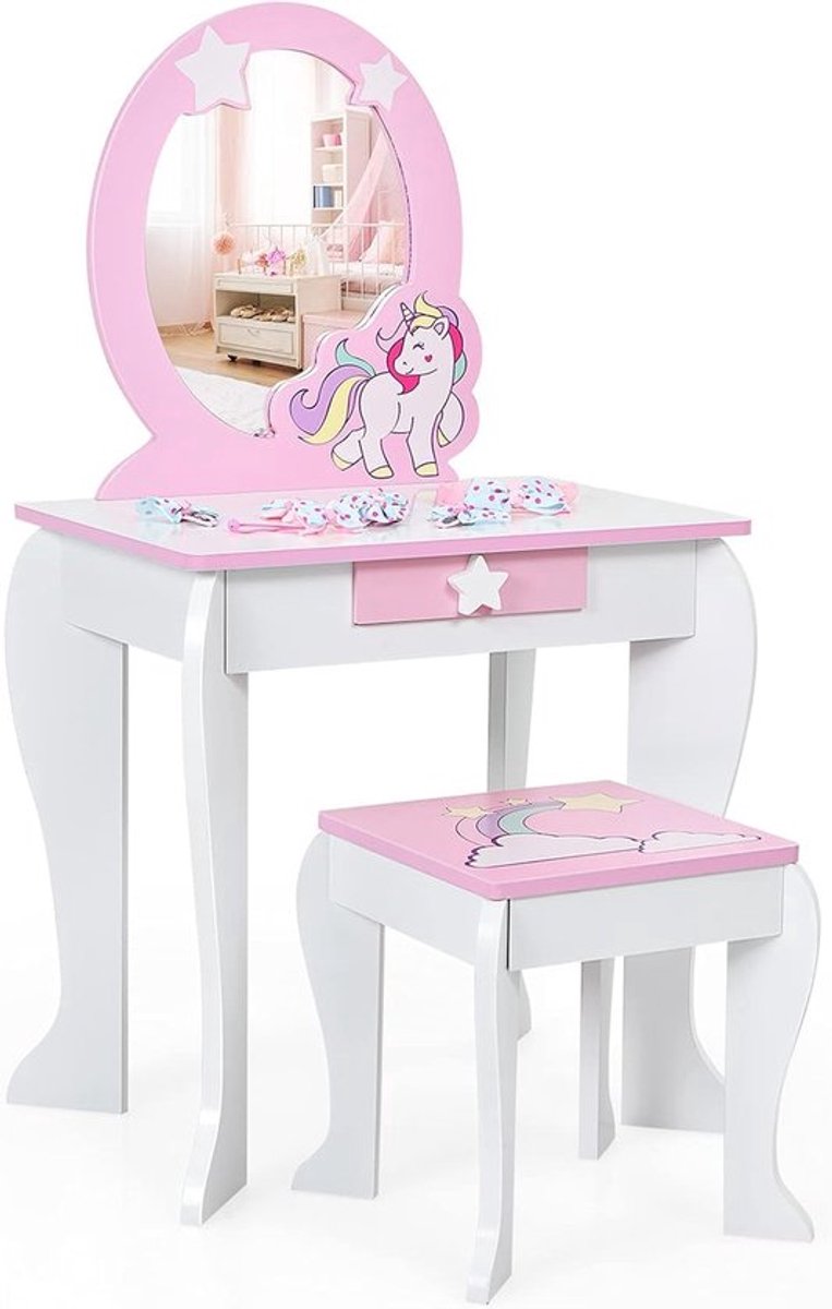 SnelShoppen - FANTASK Kindertafeltje met Lade en Verwijderbare Spiegel, Roze en Witte Prinsessen Kaptafel met Krukje voor Meisjes van 3 tot 7 Jaar