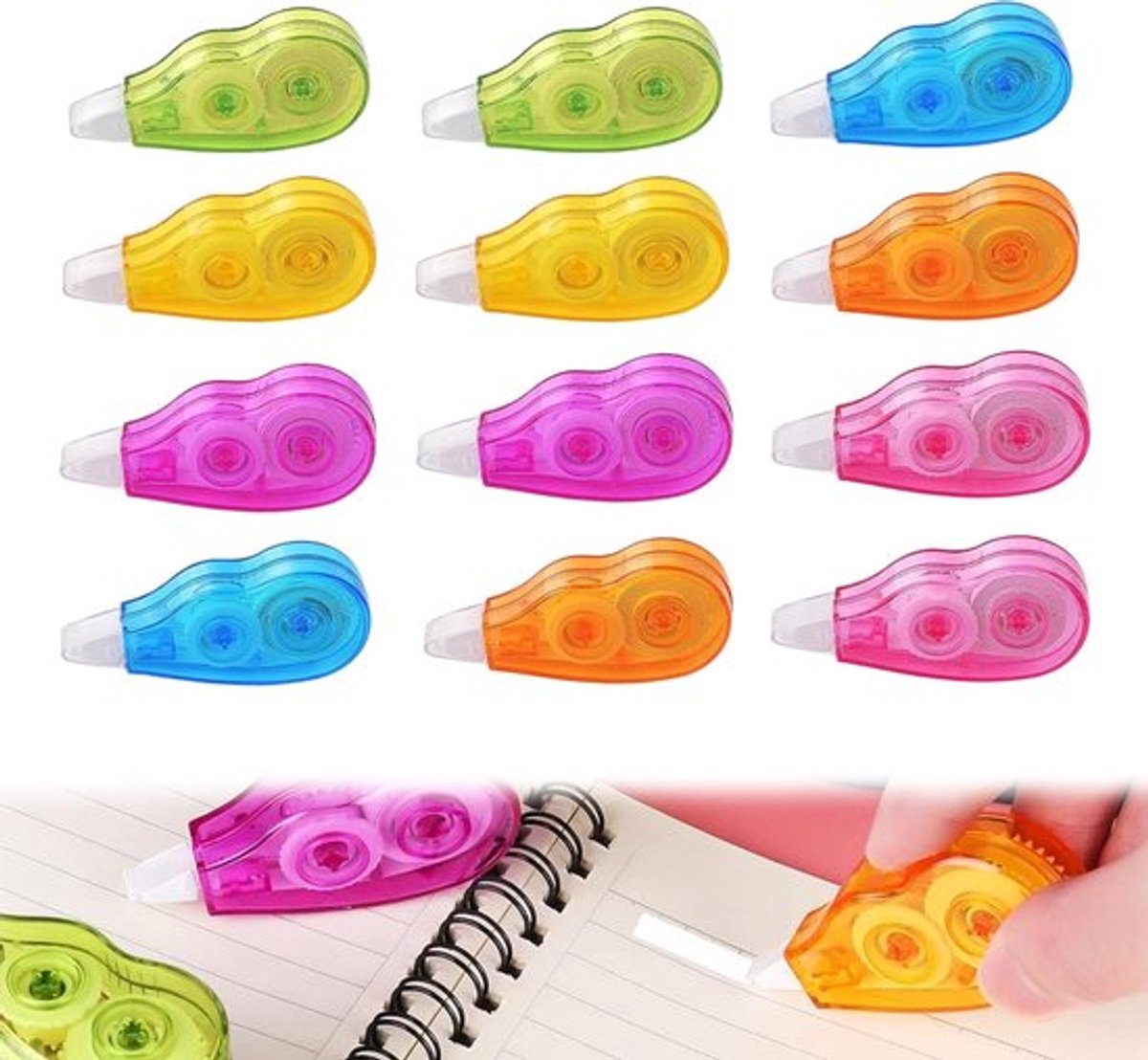 Thijox - 12-delige Mini-Correctietape Set, 4m x 5mm Correctieroller met Beschermkap, 6 Kleurrijke Designs voor Kantoor, School en Thuisgebruik, Ideaal