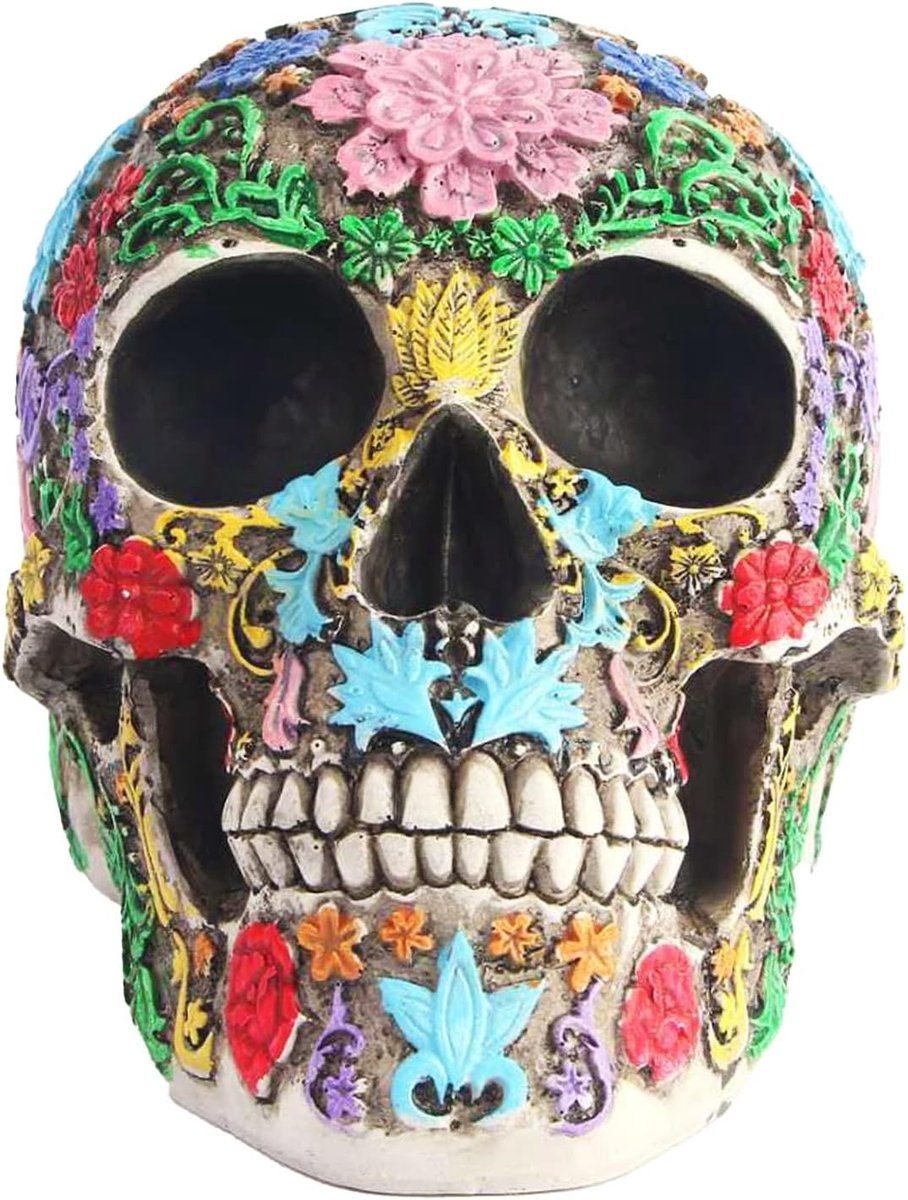 Sculptuur van een doodskop met bloemen, handgeschilderde ornamenten voor Halloween en decoratie van de eettafel, perfect voor feestelijke gelegenheden en interieurstyling