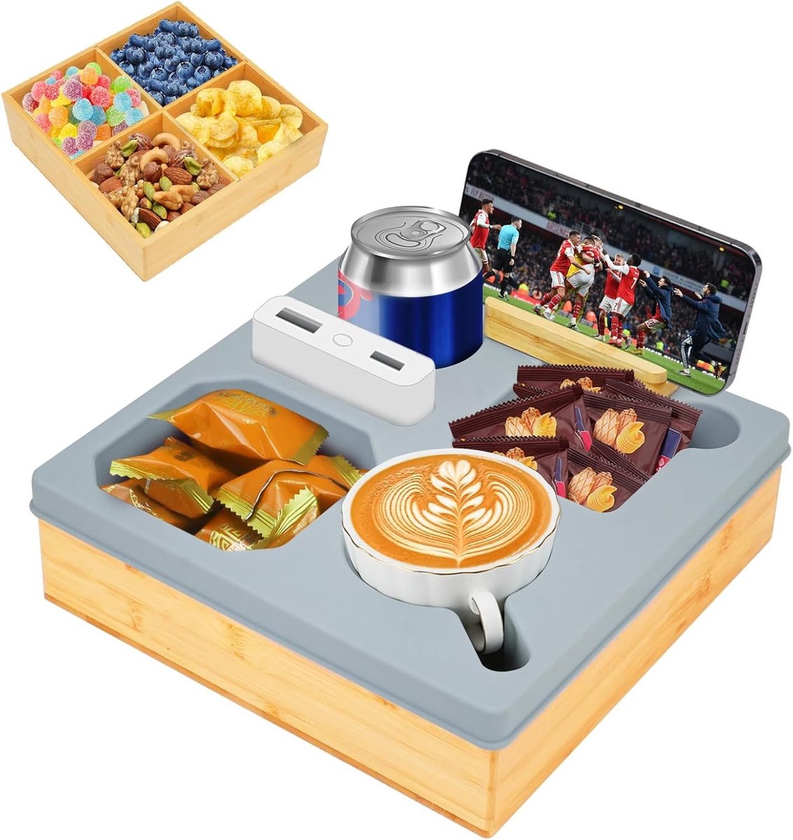 Praktische Snackbox en Organiser voor de Bank met Drink- en Telefoonhouder, Antimors Functie en Verwijderbare Verdeler voor een Opgeruimde Woonkamer