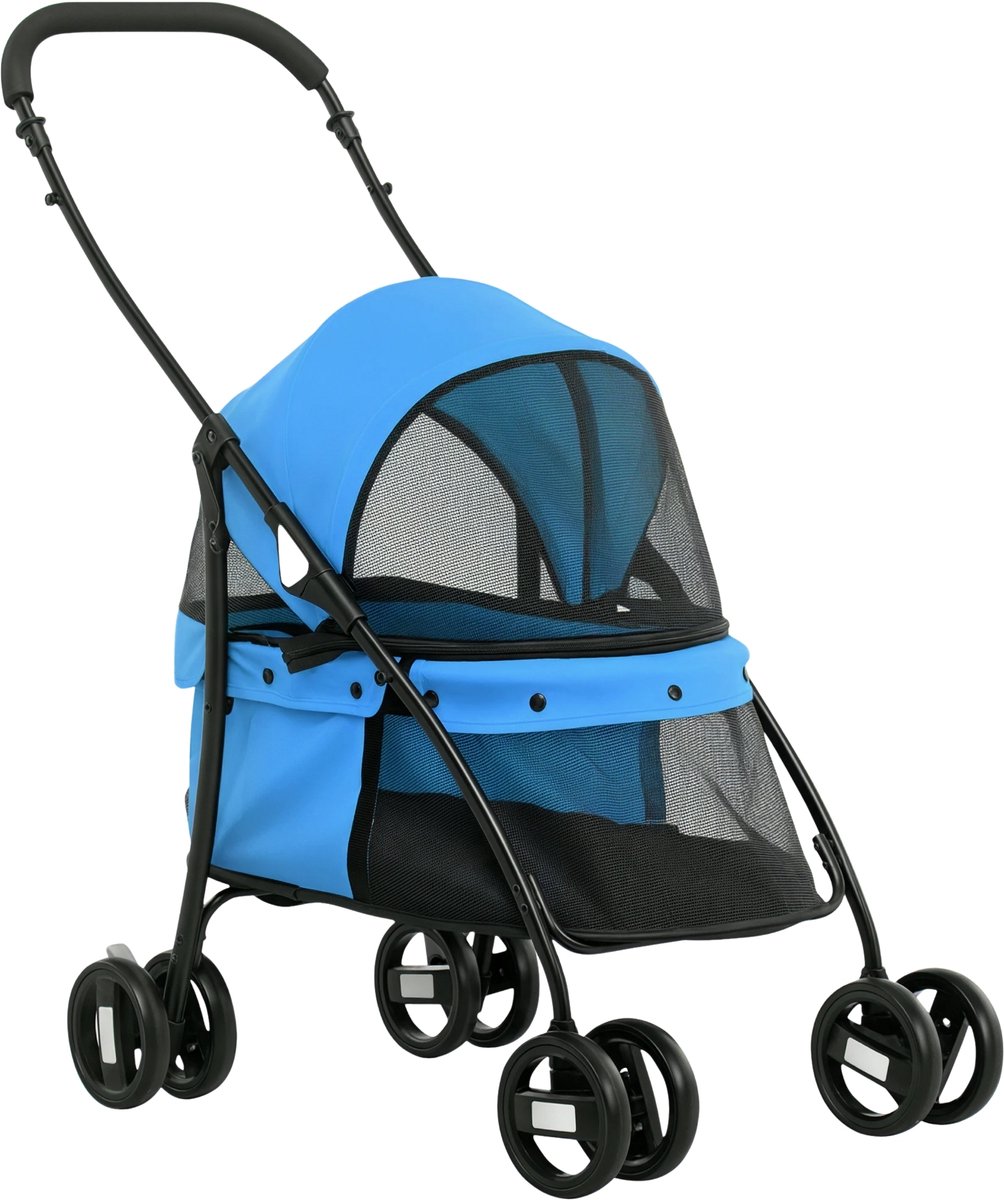 Hondenbuggy – Opvouwbare Huisdierenwagen met Mesh Venster & Veiligheidslijnen – Blauw