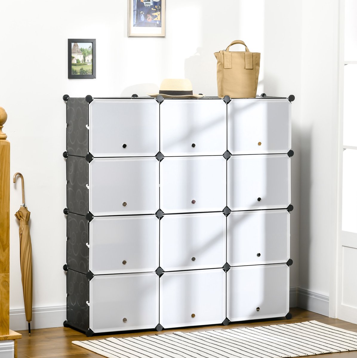 HAUSS SPOLE Schoenenkast – 12 Vakken Modulair Opbergsysteem – 125 x 32 x 125 cm – Kunststof En Metaal – Zwart En Wit – Voor Hal En Slaapkamer
