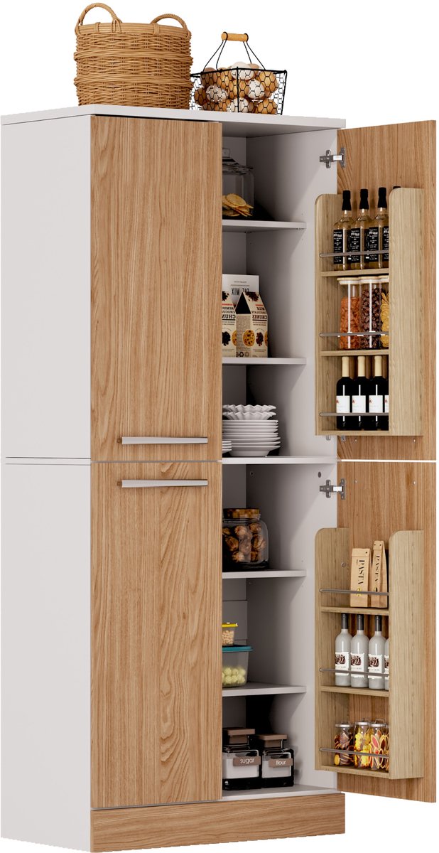 DESMIU Keukenkast - Vierdeurs Voorraadkast Met Verstelbare Planken - Voor Keuken Hal En Eethoek - MDF - 76x42x180 Cm - Wit Naturel