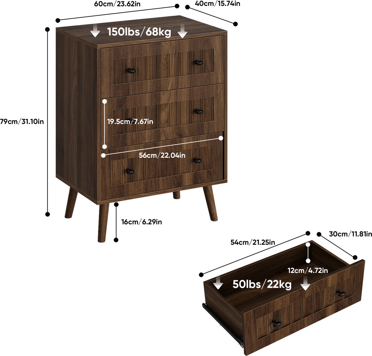 DESMIU Dressoir - Ladekast Met 3 Lades En Verticale Fronten - Voor Slaapkamer Woonkamer En Hal - MDF En Grenenhout - 60x40x79 Cm - Walnoot