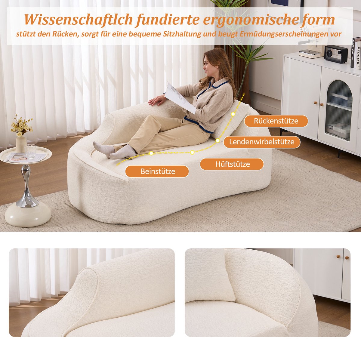 OKWISH Chaise Longue 155 x 96 x 65 cm - 2-Zits Met Diepe Zitting En 1 Kussen - Voor Woonkamer Of Slaapkamer - Chenille - Off White