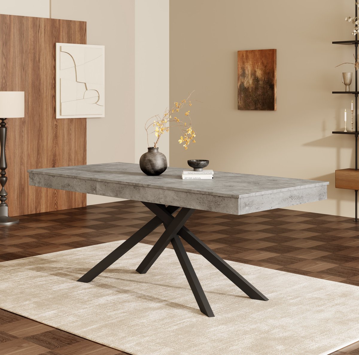 MEUNIQ uitschuifbare eettafel 140-180 x 80 x 76 cm voor 6-8 personen, rechthoekige eettafel met dikke tafelplaat en metalen kruispoten voor eetkamer of keuken, grijs