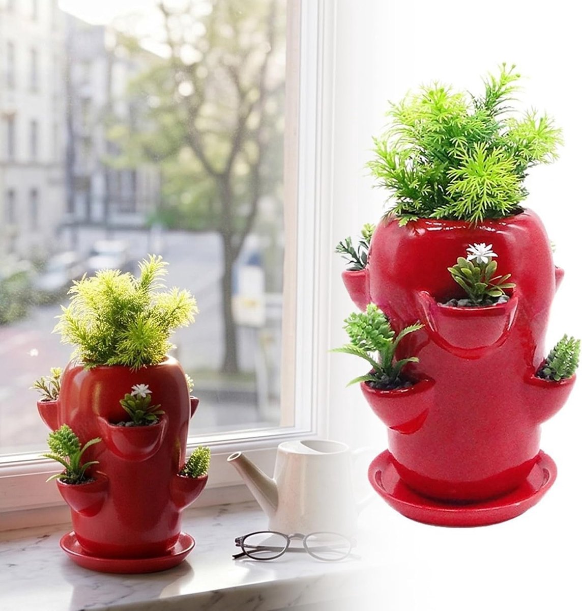 VHV - Aardbeienpot - Verticale plantenbak met 6 vakken - Terracotta plantenpot met drainageschotel - Voor kruiden, vetplanten en aardbeien - Binnen en buiten - 1 stuk - Rood