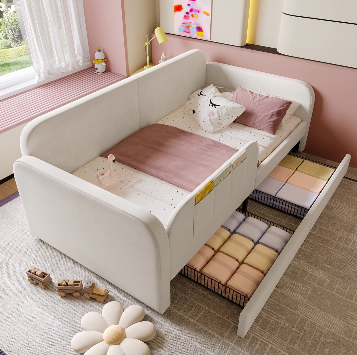 COVREO Bedframe 90x200 cm wit met 2 laden en zijvakken zonder matras