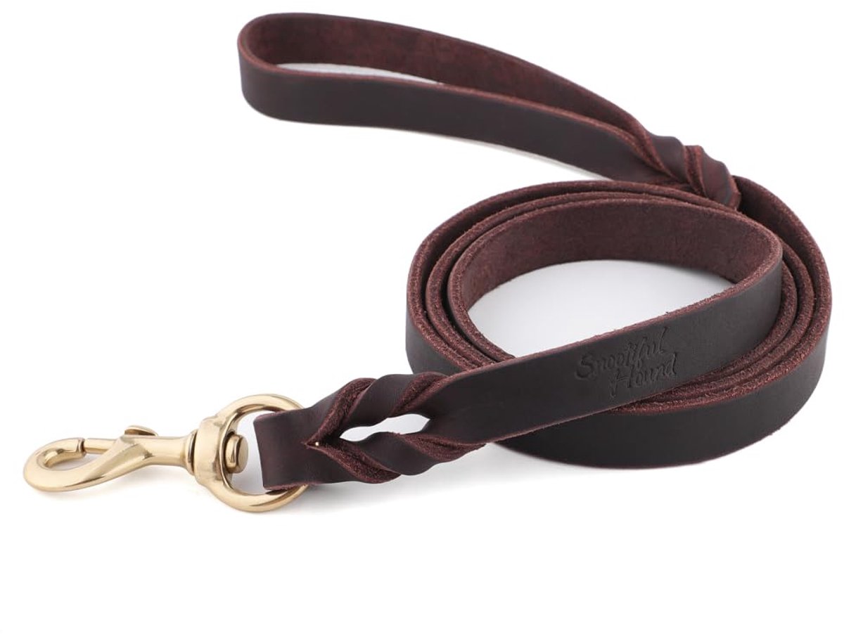 SnelShoppen - Leren hondenriem 150cm - Gevlochten afwerking - Bruin - Duurzaam en stijlvol - Perfect voor wandelen, training en dagelijks gebruik