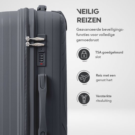Dichtbij van een antracietkleurige koffer met TSA-goedgekeurd cijferslot en versterkte ritssluiting.
