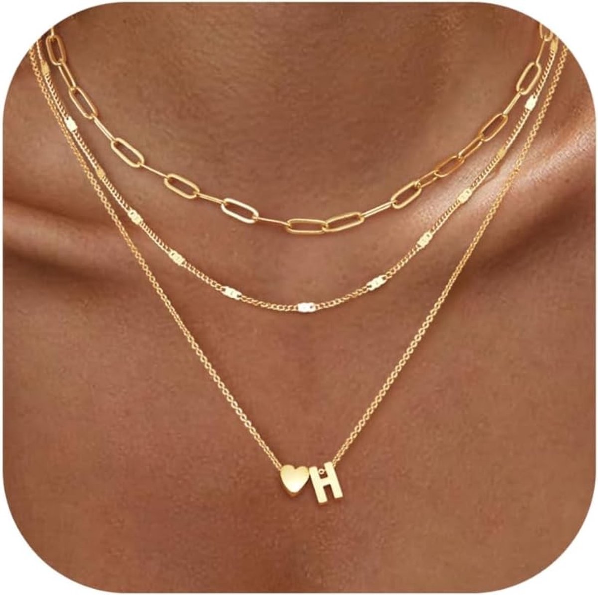 3-delige Gouden Initialen Halsketting voor Vrouwen - Gelaagd Hartvormig Naam Sieraad met 14K Vergulde Hartletter, Gepersonaliseerde Choker en Paper Clip Ontwerp