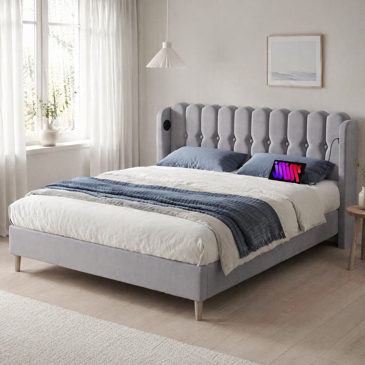 COVREO Bed 160x200 cm grijs stof met USB-C en lattenbodem zonder matras