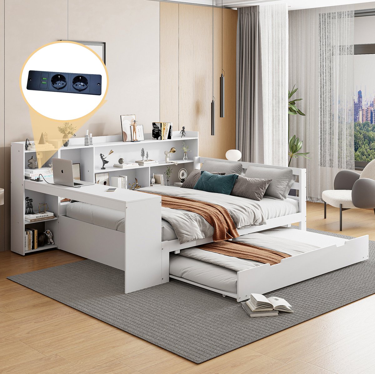 COVREO Bed 140x200 cm wit met bureau en uitschuifbed zonder matras