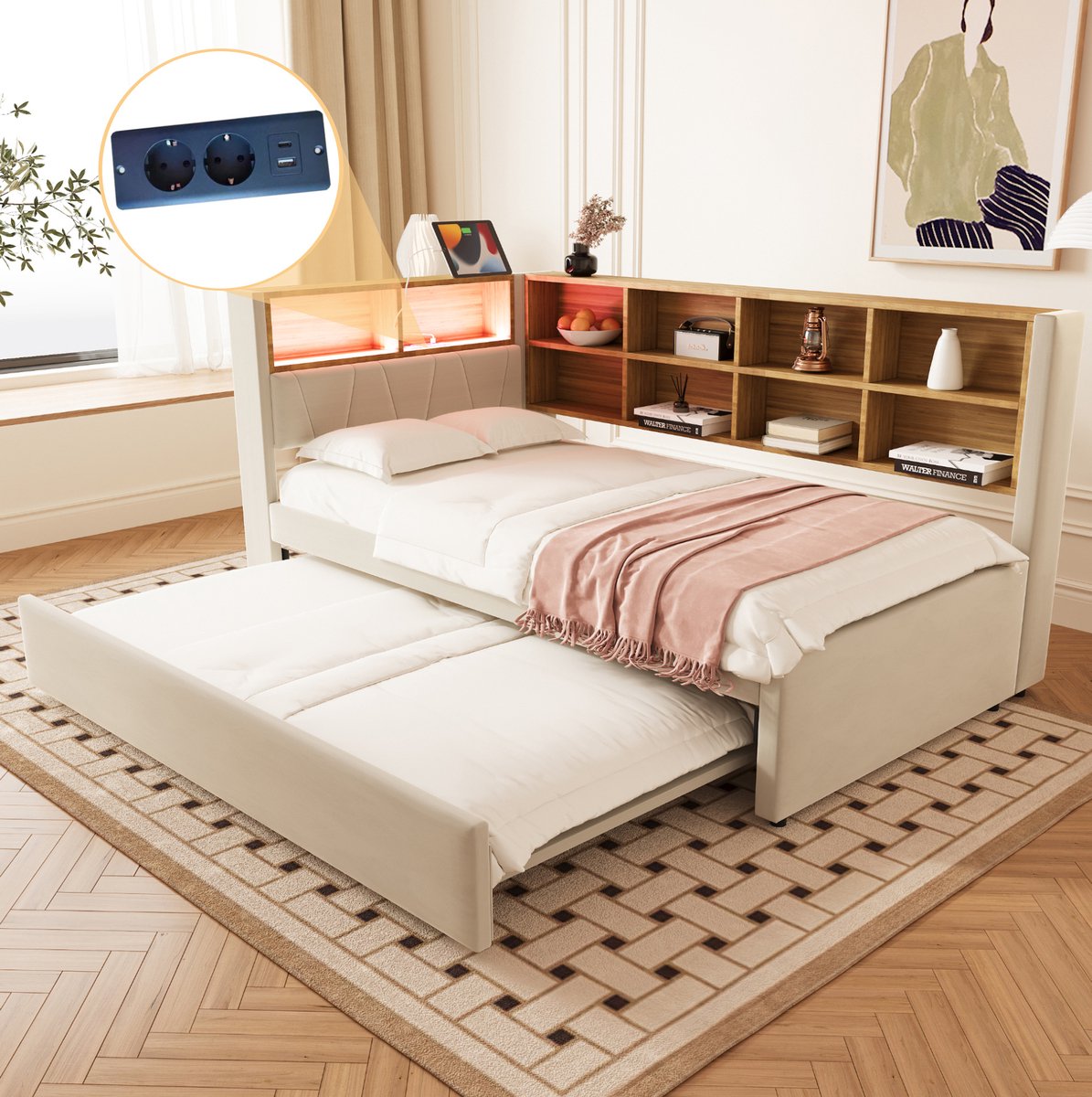 COVREO Bed 90x200 cm beige met uitschuifbed en LED zonder matras