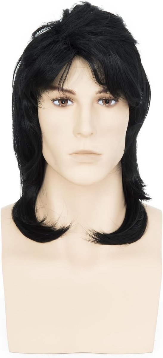 Natuurlijke Mullet Peruk voor Mannen, Krullend 70s 80s Vintage Kostuum, Synthetisch Haar voor Feest en Carnaval