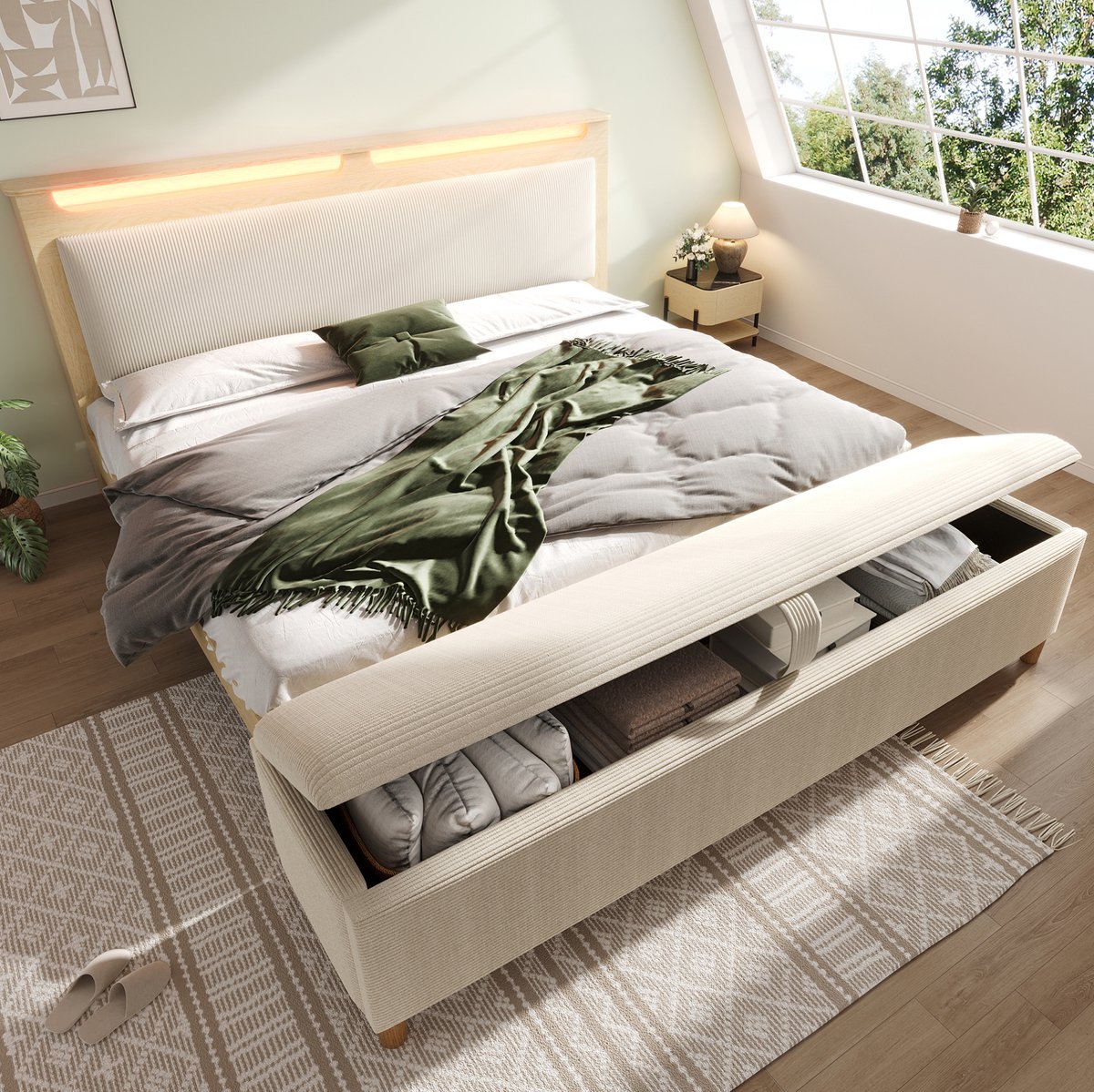 COVREO Bed met LED-verlichting – 140x200 cm – Bedframe met opbergruimte en bank – voor slaapkamer – Beige - zonder matras