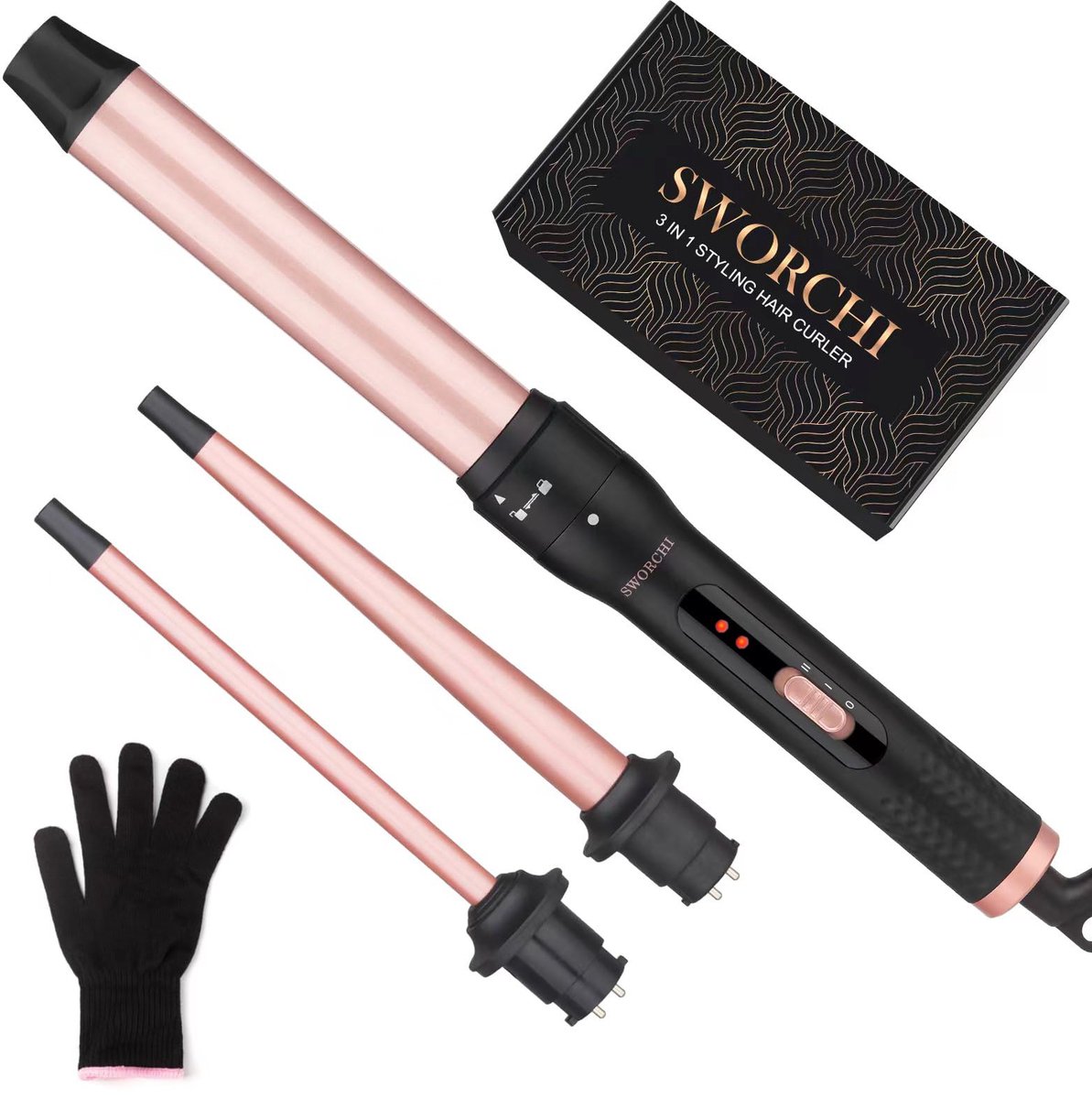 SnelShoppen - 3-in-1 Verwisselbare Keramische Krultang met Handschoen - Golvend Haarapparaat voor Lang, Kort, Dun en Dik Haar - Roségoud