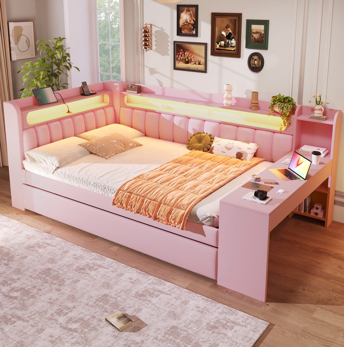 COVREO Bedframe 140x200 cm roze, met LED, USB en uitrolbed, zonder matras