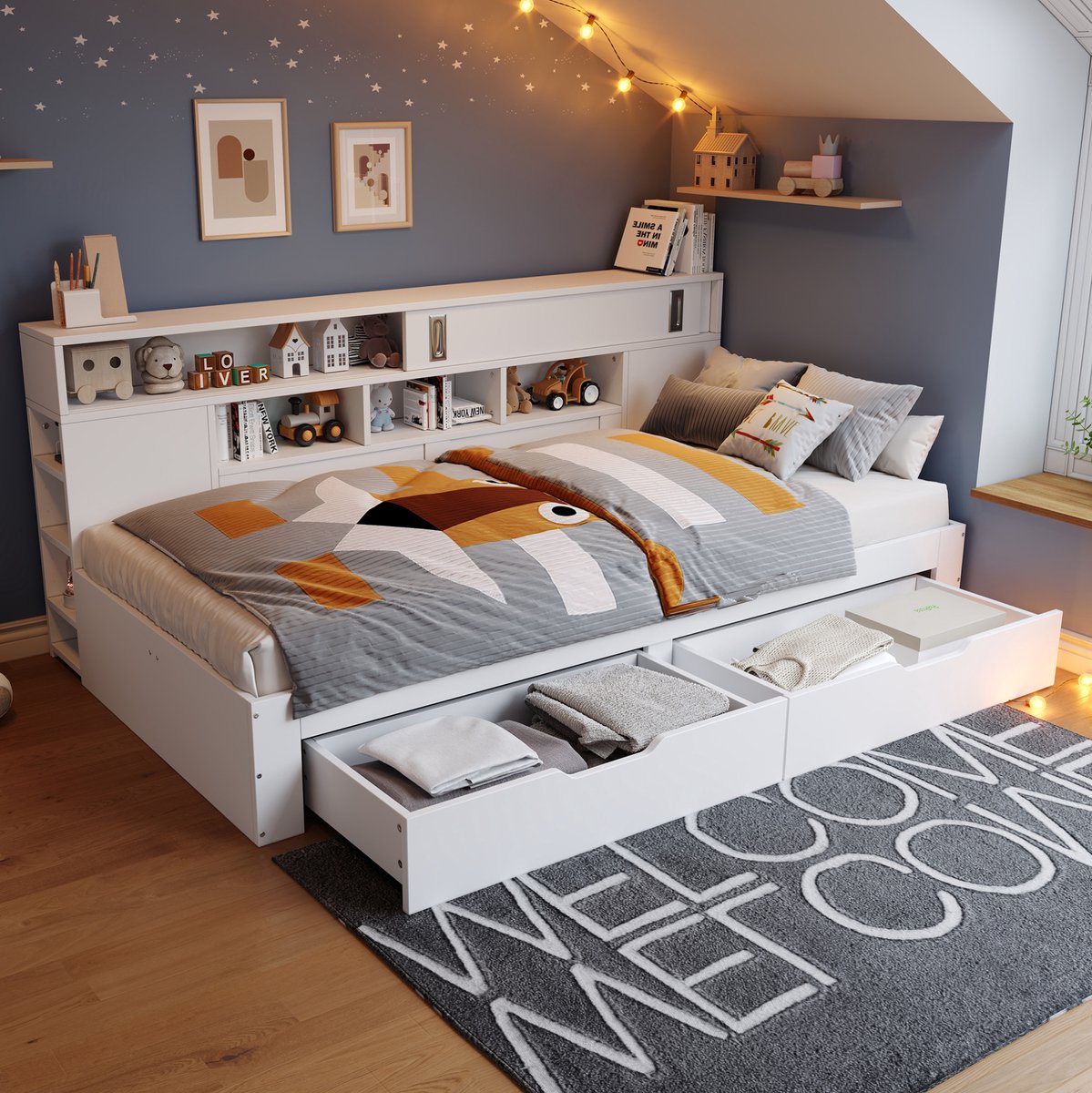 COVREO Bedbank 140x200 cm - wit MDF, met opbergruimte, zonder matras White