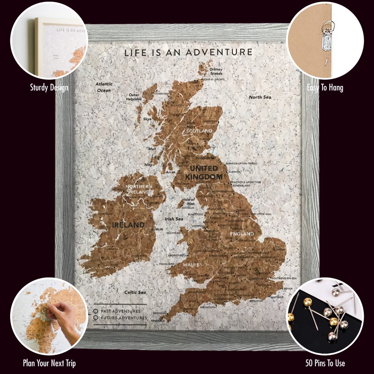 SnelShoppen - Splosh Reiskaart UK Prikbord Grijze Kurk Houten Frame Muur Decoratie Personaliseer en Markeer Avonturen met 100 Pinnen in 2 Kleuren