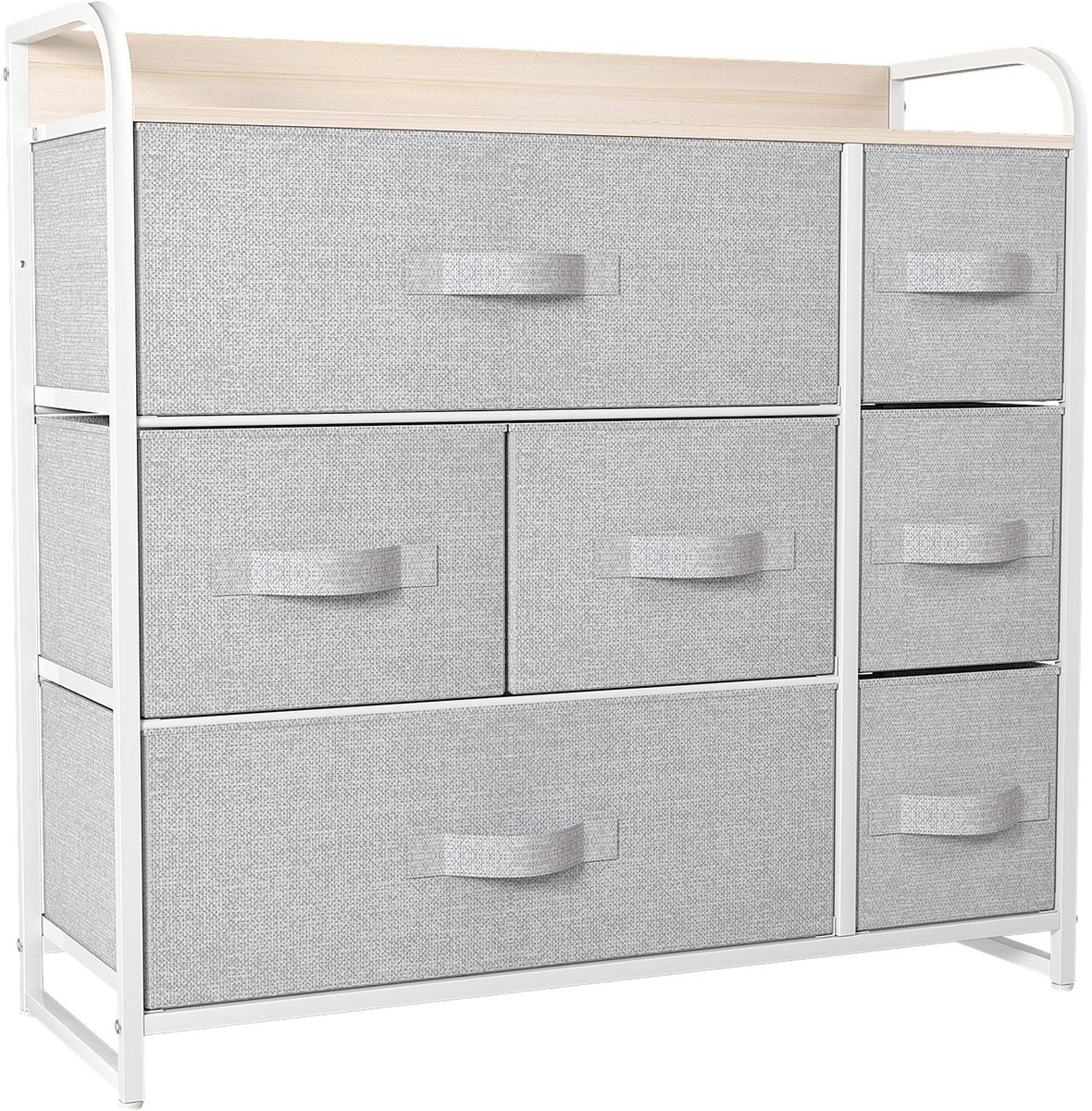 SnelShoppen - Ladekast met 7 Lades, Opbergorganizer voor Slaapkamer en Woonkamer, Stevig Stalen Frame, Gemakkelijk te Trekken Stoffen Bakken, Houten T