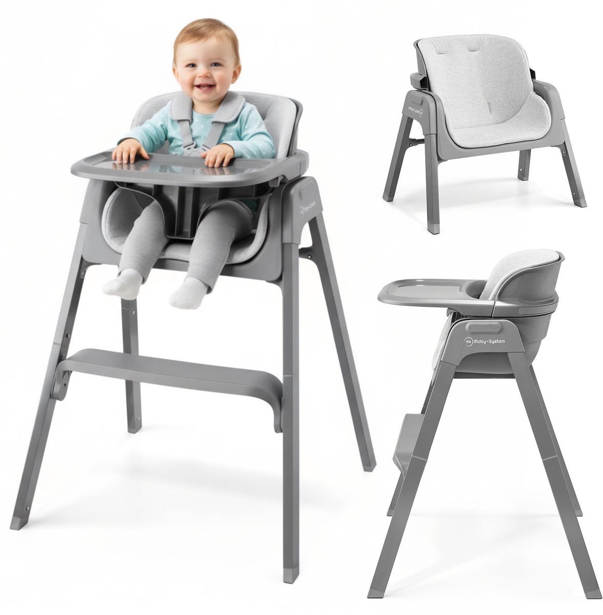 SnelShoppen - Moby-System NOXI Opvouwbare Kinderstoel 3-in-1 Grijs, Verstelbare Hoogte, Compact met Afneembaar Dienblad, Ideaal voor Binnen en Buiten,