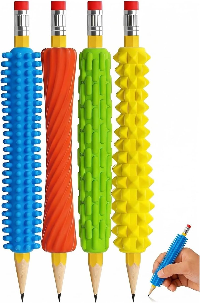 Set van 4 antislip pengrepen, gestructureerde grijphulpmiddelen voor betere grip, houdingscorrectie en concentratie voor kinderen in school en therapie