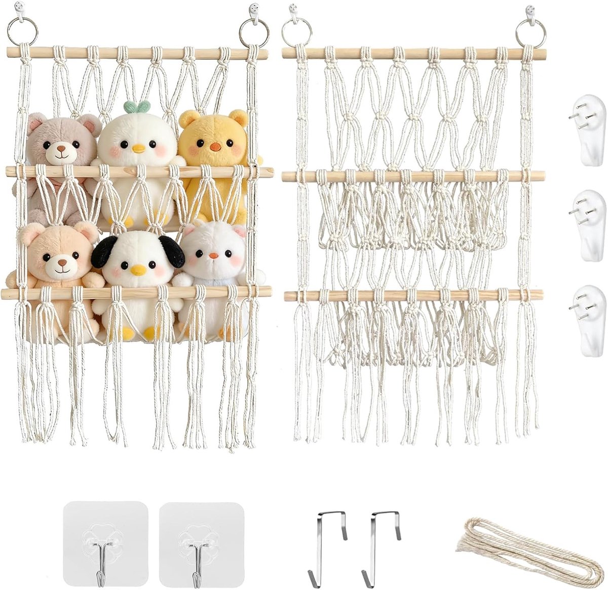 Boho Macrame Opbergnet voor Knuffels - 38 cm Breed, 4 Laags Organiser met Haken en Clips voor Kinderkamer, Woonkamer en Slaapkamer