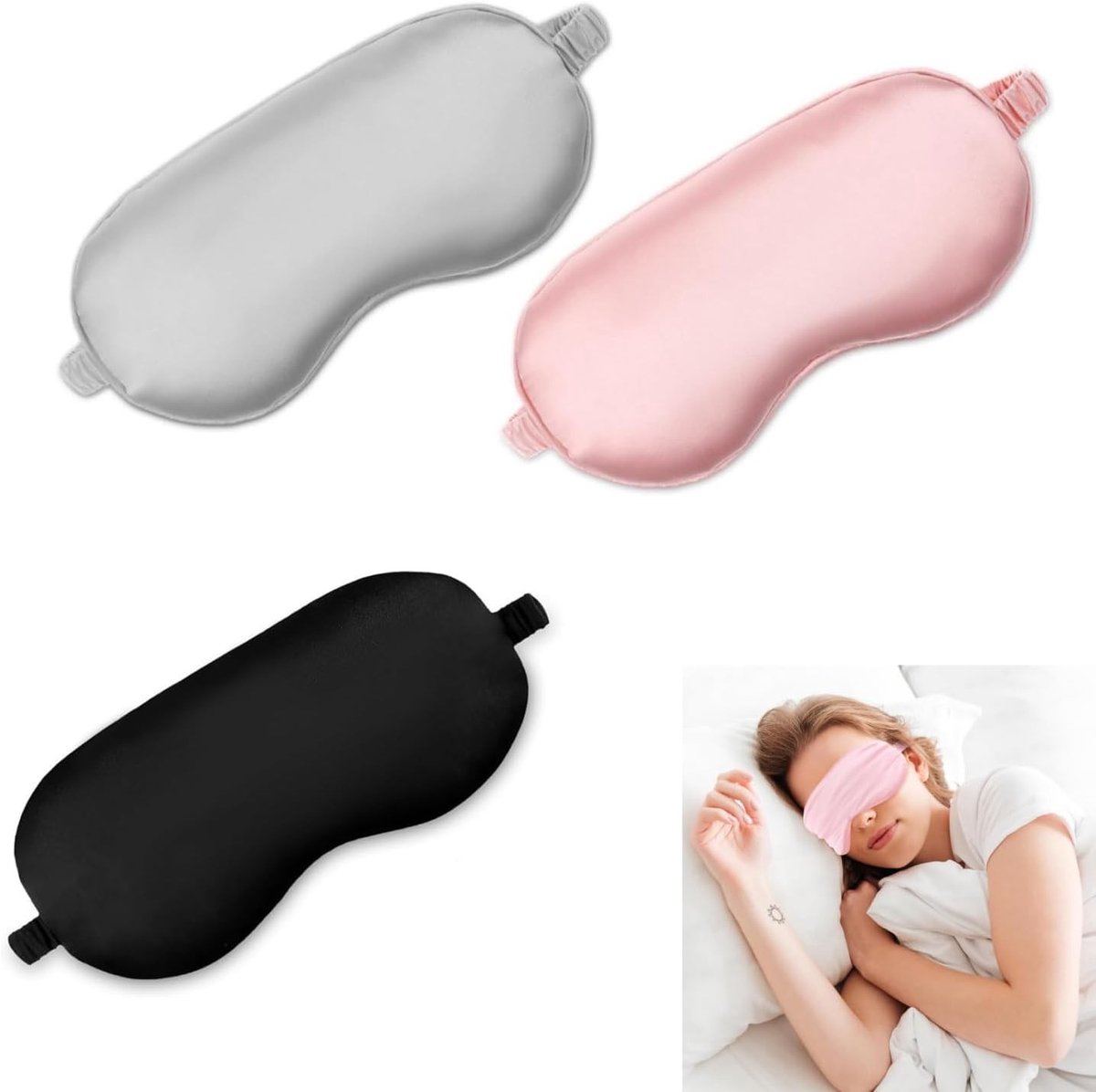 Set van 3 luxe zijden slaapmaskers, huidvriendelijk en lichtblokkerend, verstelbare band voor optimale drukontlasting en diepe slaap (zwart, roze, grijs)