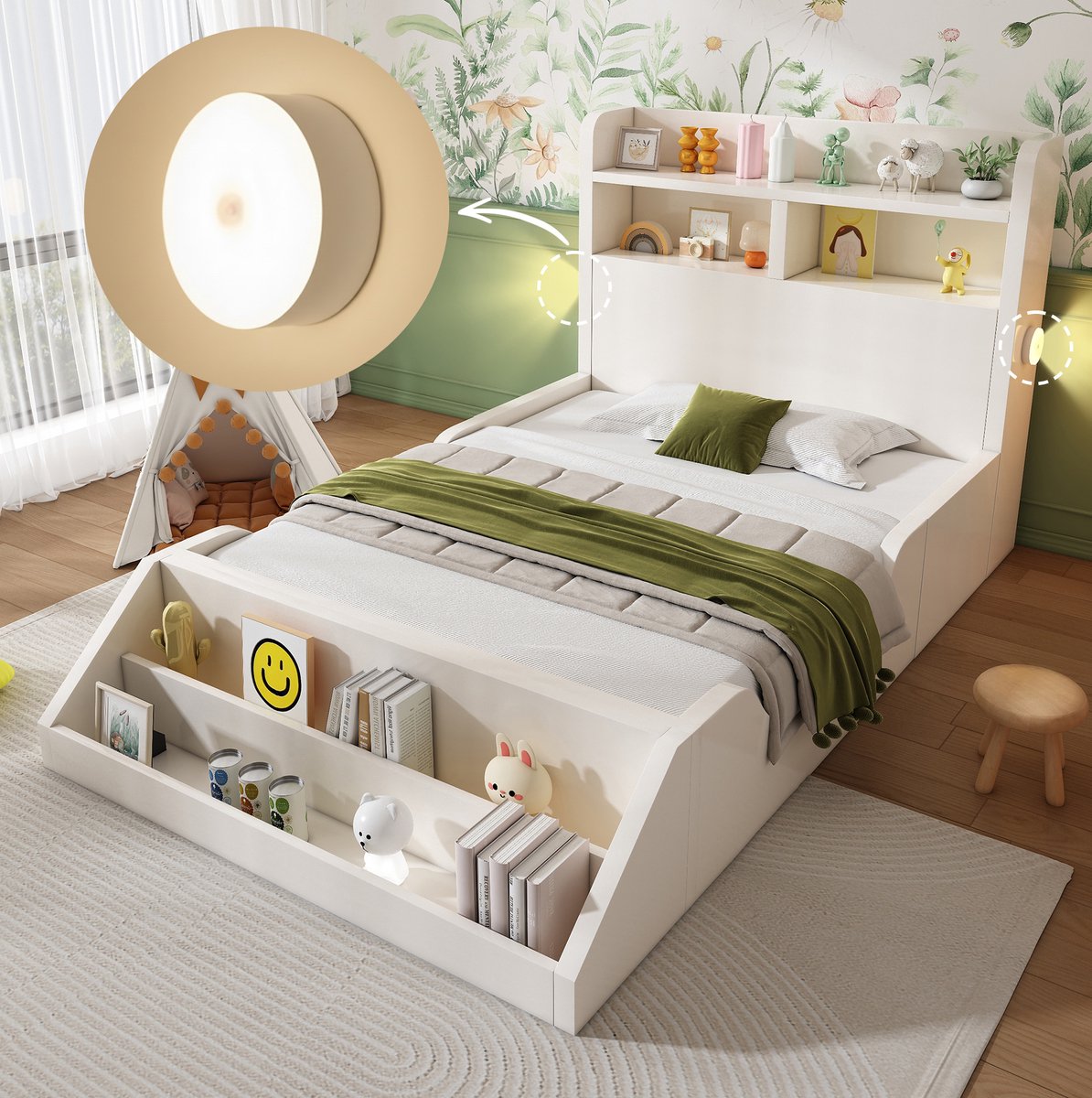 COVREO Eenpersoons bed 90x200 cm – wit, hout en spaanplaat, met boekenrek en nachtlichten