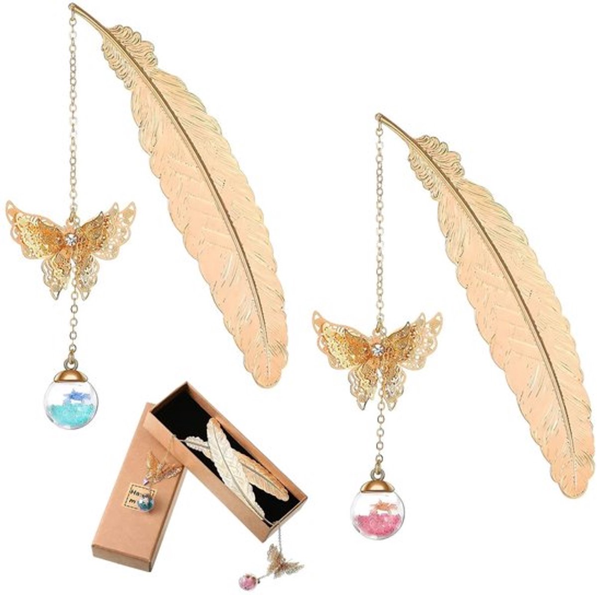 Boekenleggers 2 Stuks - Metalen Bladwijzers - Vlinder/Hanger - Glazen Kralen - Cadeau voor Dames - Creatief Design - Bladwijzer
