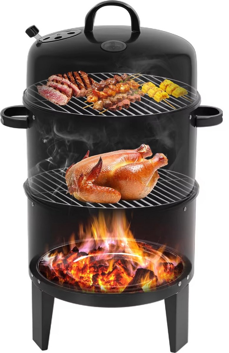 3-in-1 Houtskool BBQ Smoker 40 cm – Rookoven, Barbecue & Stoomoven – Dubbele Grill – Thermometer – Zwart