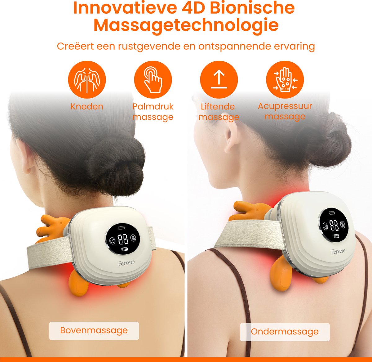 Fervere Premium 4D Nekmassage Apparaat - Bionische Massagehanden met Warmte - Draadloze Shiatsu Massager - LED Display - Voor Nek, Schouders, Rug, Armen & Benen - Beige thumbnail 4