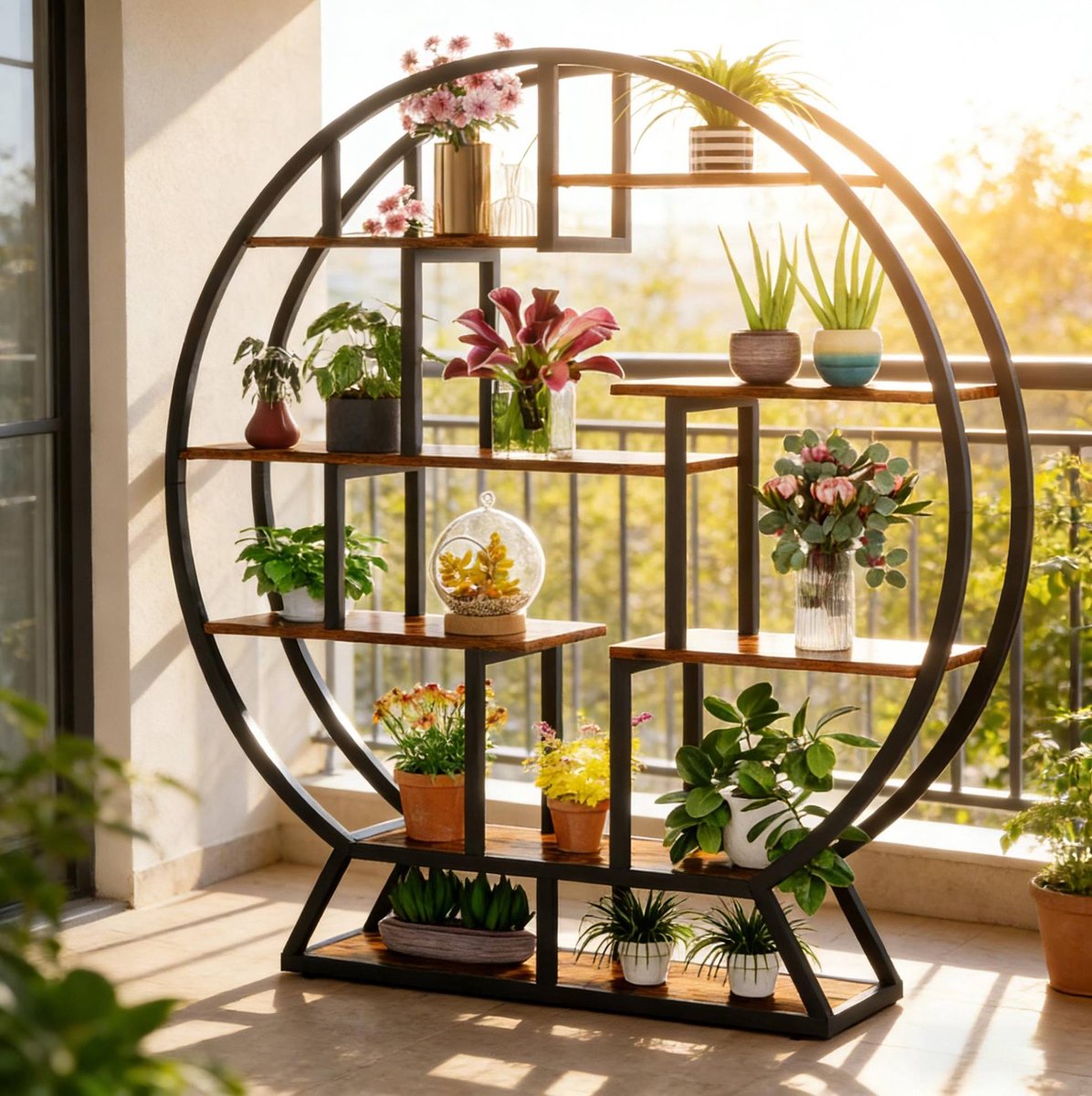 Plantenrek Rond Met Industriële Uitstraling 150 X 30 X 158 Cm Metaal En Spaanplaat Zwart Rustiek Bruin Voor Planten En Decoratie
