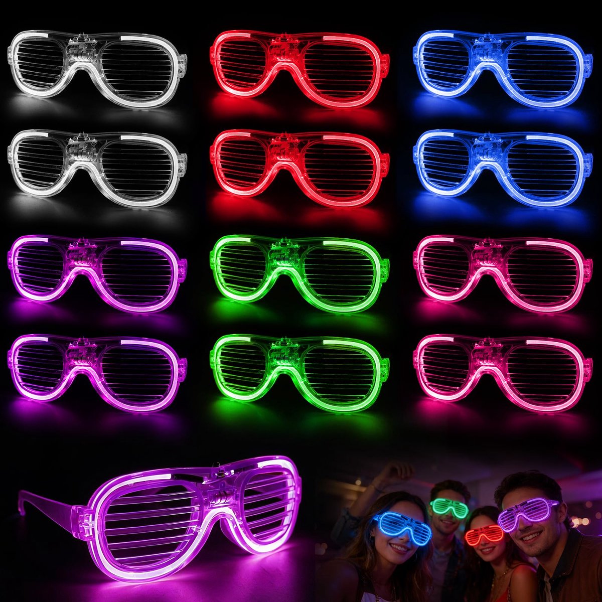 SnelShoppen - Led-bril 12 stuks, Lichtgevende Neonbril met 3 Flitsmodi, Ideaal voor Disco, Festival, Feest, Verjaardag, Kerstmis, Rave, EDM, Cosplay