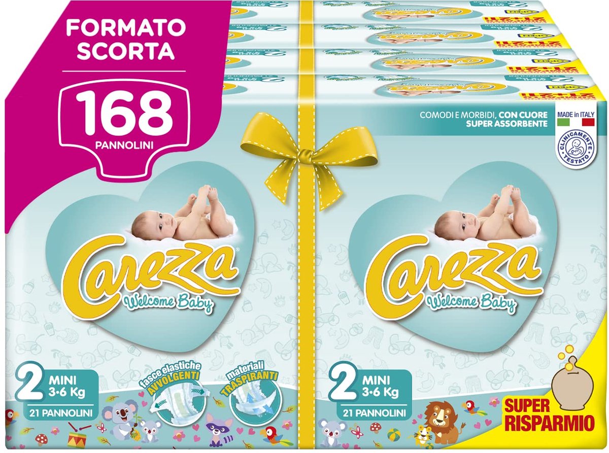SnelShoppen - CAREZZA Welcome Baby Mini Luiers Maat 2 (3-6kg) - 168 Stuks - Ultra Zacht - Ademend - Hypoallergeen - Ideaal voor Pasgeborenen en Baby's
