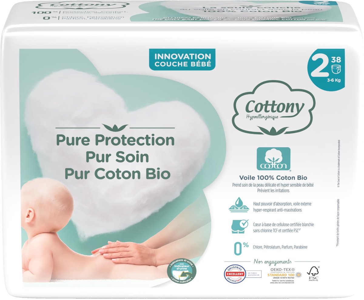 SnelShoppen - Cottony Luiers Maat 2 (3-6 kg) - 38 Lagen Biologisch Katoen - Zacht en Ademend - Ideaal voor Baby's