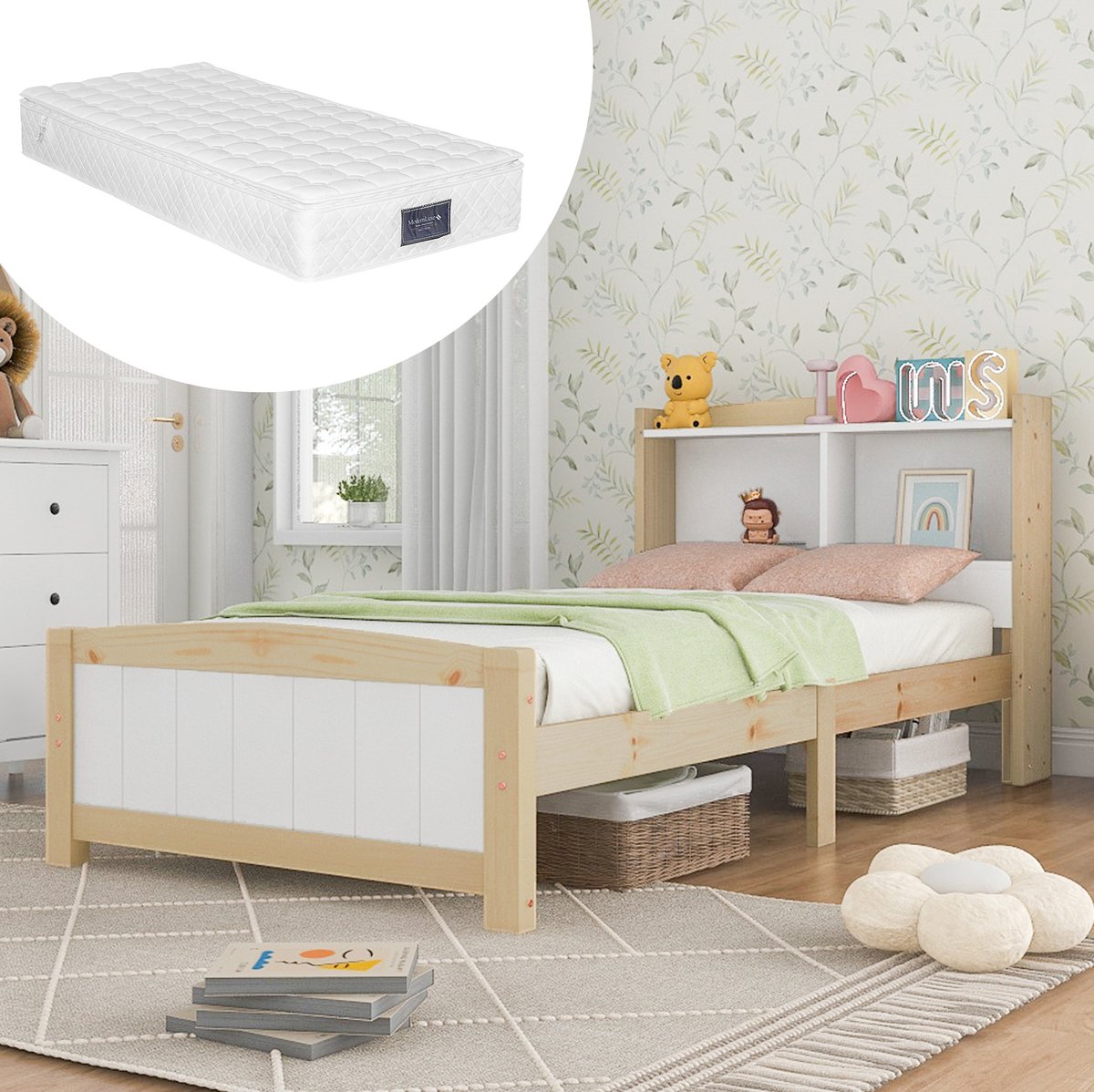 COVREO Bedframe 90x200 cm wit naturel, hoofdbord met plank, zonder matras