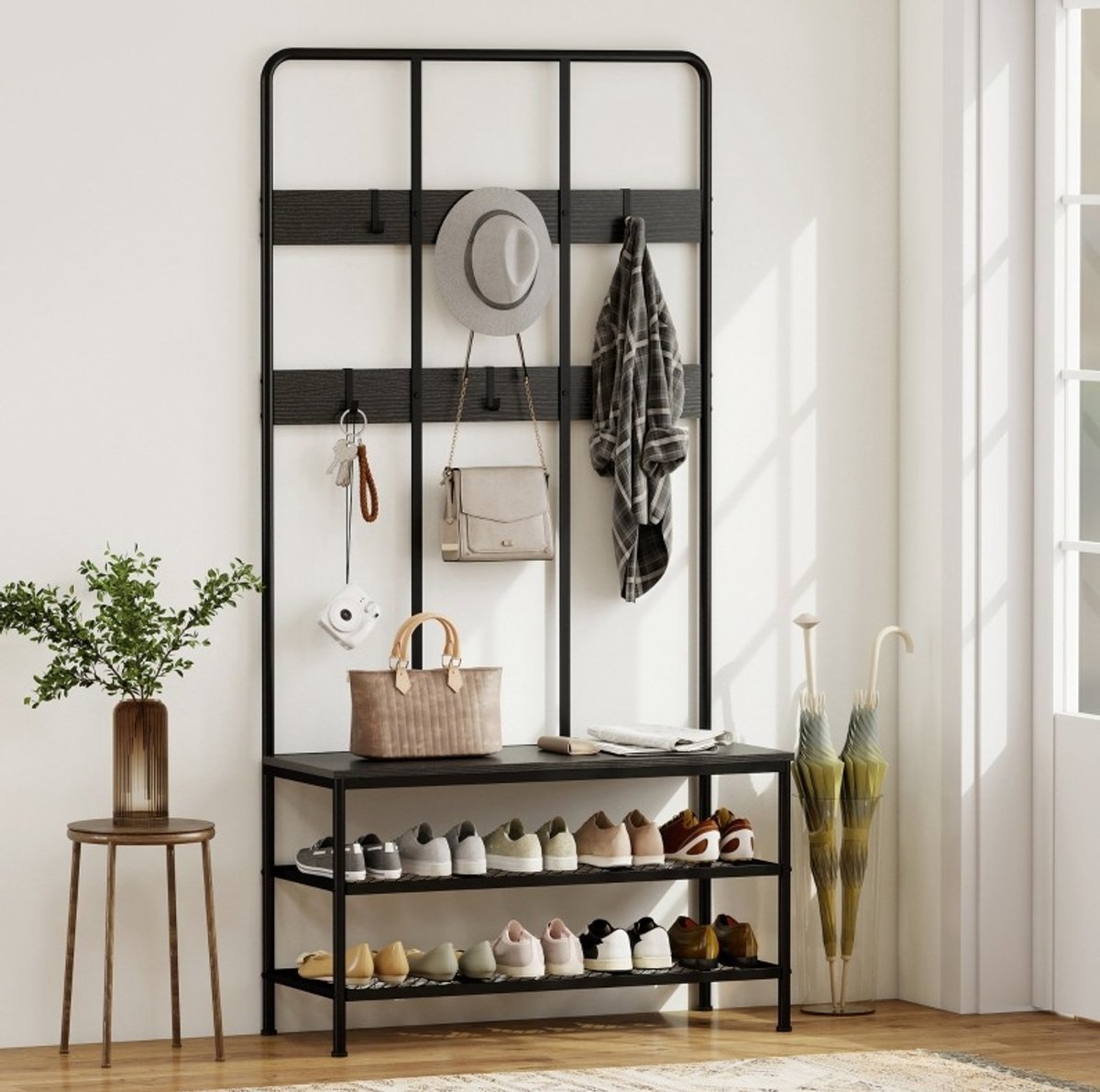 Kledingrek 3-in-1 Met 6 Haken, Zitbank En 2-Laags Schoenenrek - Metaal - Zwart - Voor Hal En Entree