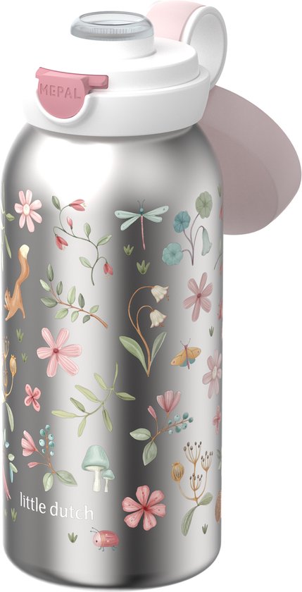 Zilverkleurige drinkfles met pastelkleurige bloemen- en insectendessins. Het deksel is lichtroze.
