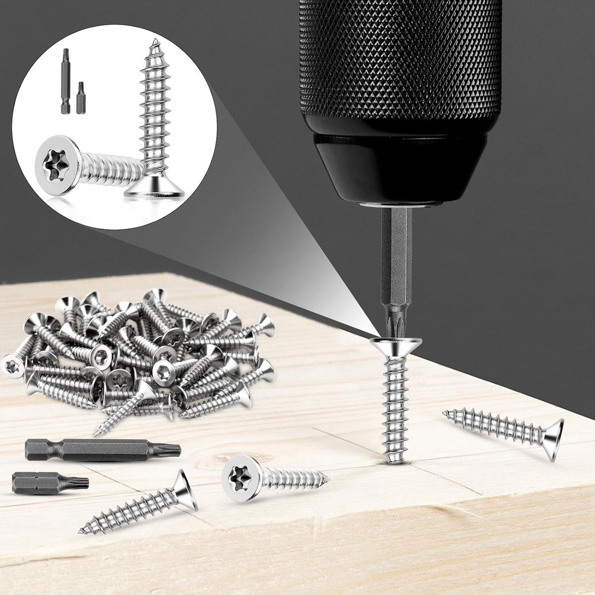 60 Stuks Houtschroeven Torx M6x20mm RVS A2 V2A met Verzinkte Kop voor Meubelmontage, Volledig Gewikkeld en Zelfsnijdend