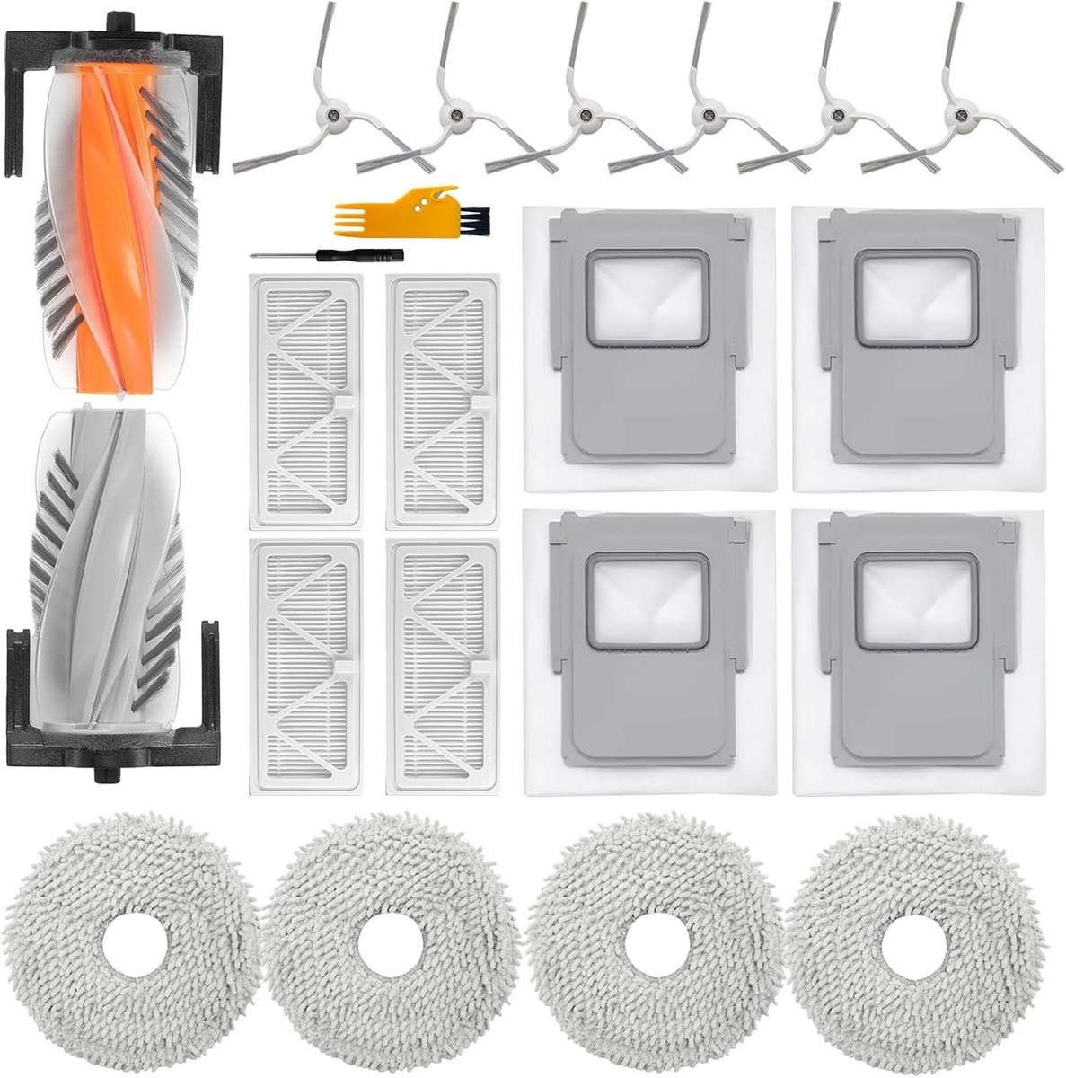 Accessoires voor stofzuigers, 1 hoofdborstel, 4 reinigingsdoeken, 4 filters, 4 stofzakken, 6 zijborstels, reserveonderdelen voor optimale reiniging en onderhoud 21 stuks