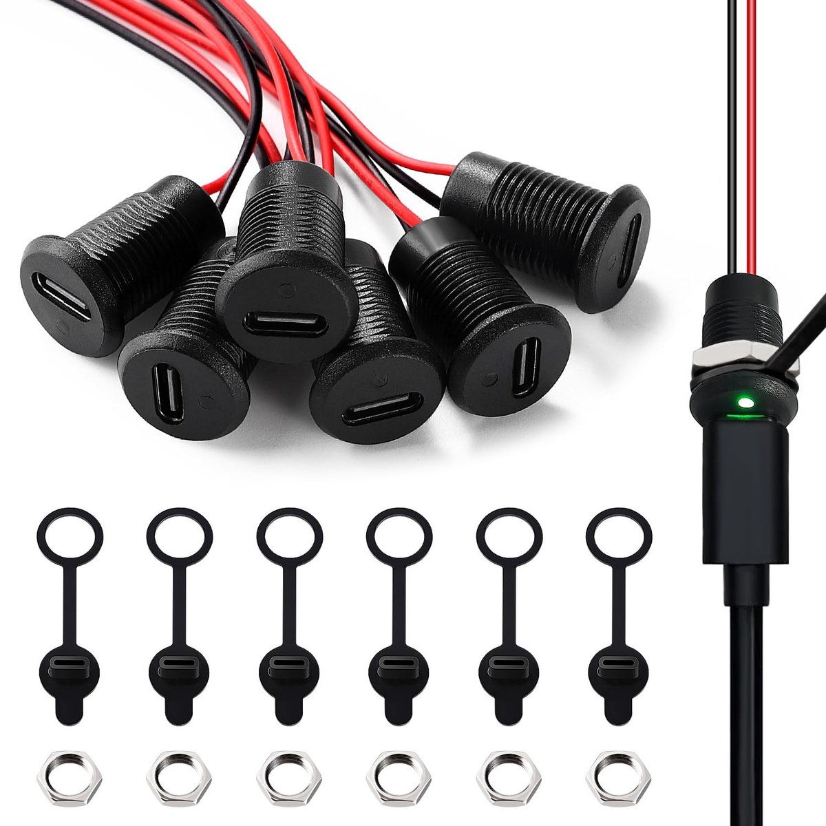 6PCS USB-C Connector voor Paneelmontage, 3A 2-Pins met LED, 150mm 24AWG Draad, Stofkappen en Moeren, Ideaal voor Elektronische Toepassingen en Projecten