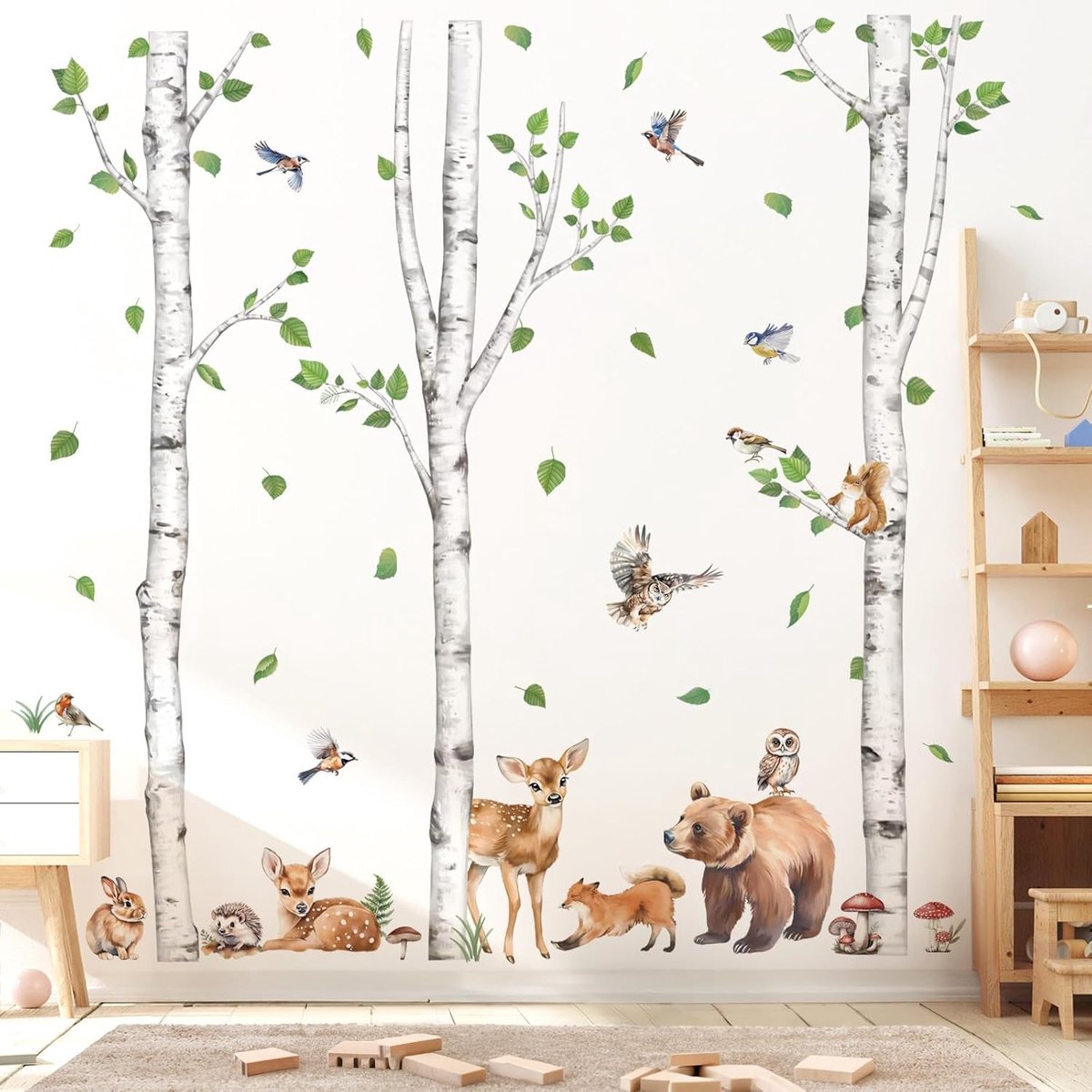 SnelShoppen - Grote berkenboom dieren muurstickers voor baby- en kinderkamer, schattige uil, vos, beer en hert, decoratieve muurkunst stickers voor sl