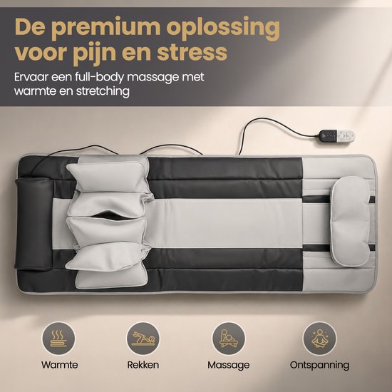 Zwarte en grijze massagemat met pictogrammen voor warmte, rekken, massage en ontspanning. "De premium oplossing voor pijn en stress".